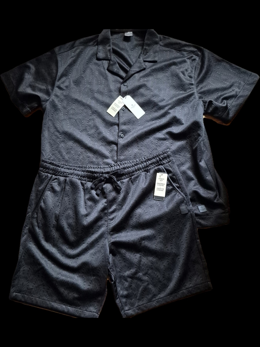 Men's Black Short-Sleeve Shirt & Drawstring Shorts Set
